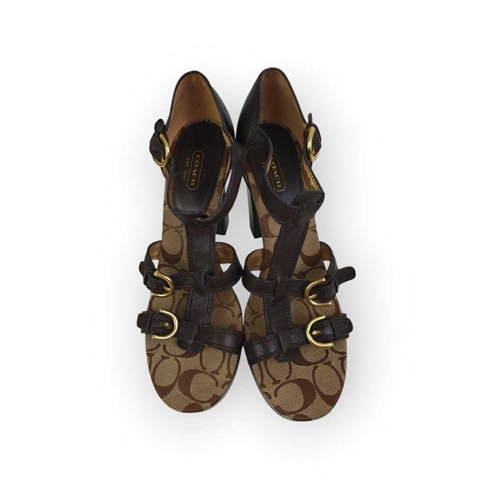 Coach Brown Genuine Leather and Gold Details Heels Luxurious Style Size 10B - Picture 2 of 7